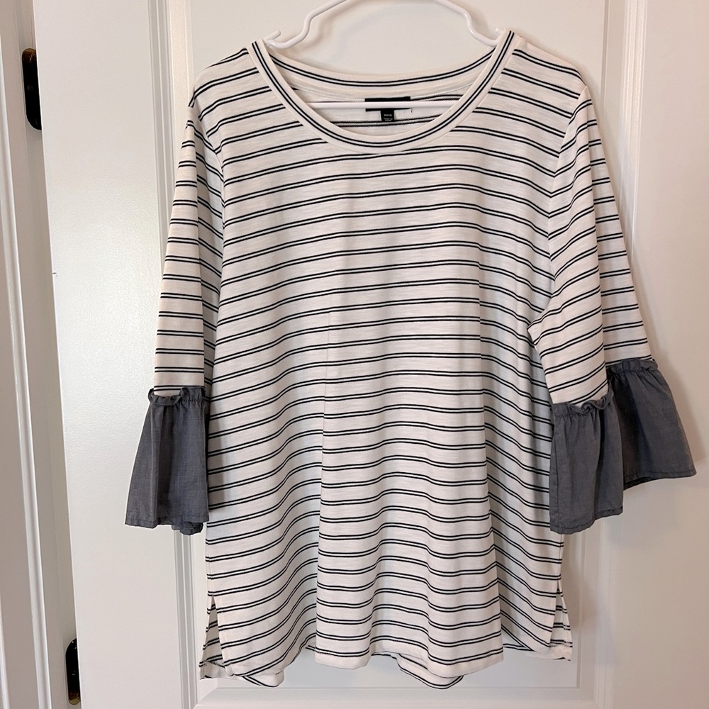 Lane Bryant black and white striped shirt with chambray ruffles, size 18/20